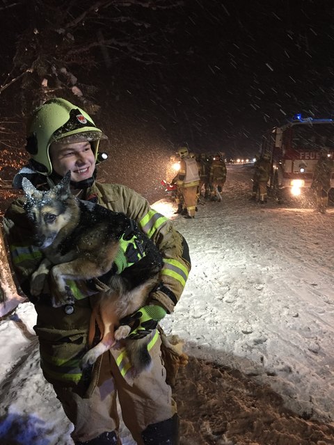 Bei dichtem Schneetreiben rückte die Kufsteiner Feuerwehr auf die Thierseestraße aus und hatte auch einen besonders kuschligen Verunfallten zu betreuen.