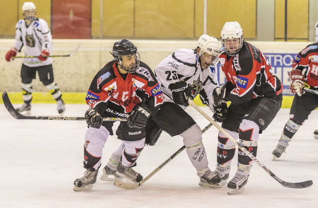Eishockey. Tarco Woelfe vs HCP Pubersdorf. Olivier REISINGER, Michael BIDOVEC-KRAINER, Marjan URANK . Sepp Puschnig Halle, Klagenfurt, Kaernten, Austria am 17 January 2017 Foto: Krawagner