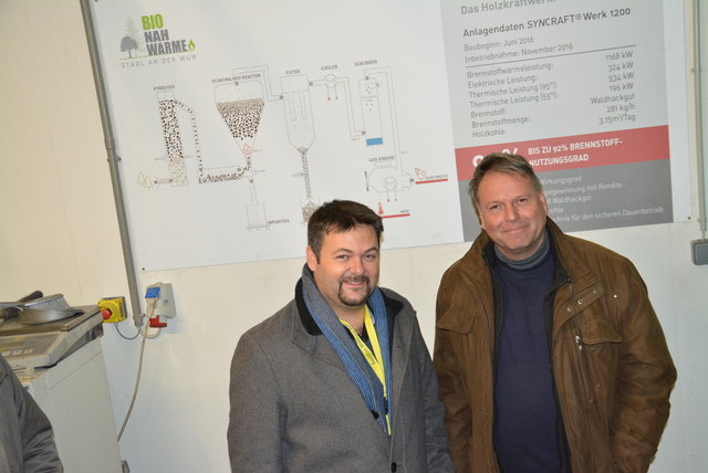 Syncraft-GF Marcel Bernard Huber und BioNahwärme-GF Wolfgang Schlick (re.) vor der Tafel, die zeigt, wie der Reaktor funktioniert.