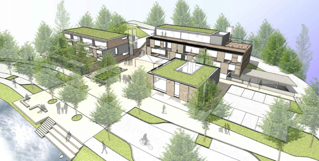 Der Masterplan für Wolfsgraben Ortszentrum: Drei Baukörper sowie ein zentraler Platz in der Mitte.