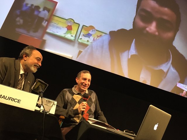 Hany Maurice, Direktor der Caritas Alexandria und Stefan Maier, Leiter der Caritas Auslandshilfe bei der Pressekonferenz in Salzburg, bei der das ehemalige Straßenkind und künftiger Ingenieur Sherif per Skype-Gespräch zugeschalten wurde