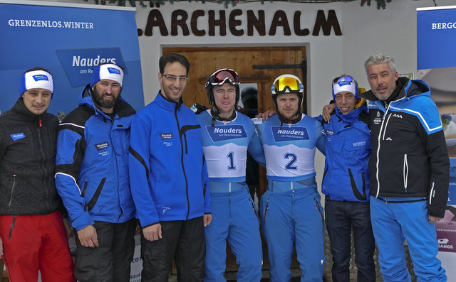 Manuel Baldauf (GF Nauders Tourismus), Helmut Wolf (Obmann Nauders Tourismus) und Helmut Spöttl (Bürgermeister) mit den Skiprofis Aleksander Aamodt Kilde und Bjørnar Neteland sowie Manfred Wolf (Vorstand NBB) und Luis Kröll (Hotel Almhof) - v.l.n.r. | Foto: Bergbahnen Nauders