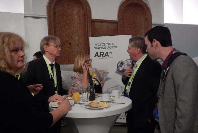 Jacki Davis, Brussels-based Journalist during break with zero waste Scotland Tim Baldwin and Steven Burns, Development Manager, Impact Solutions, UK