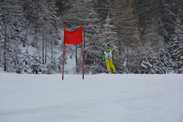 Die Skifahrer rasten in Lackenhof am Ötscher die Piste hinab.