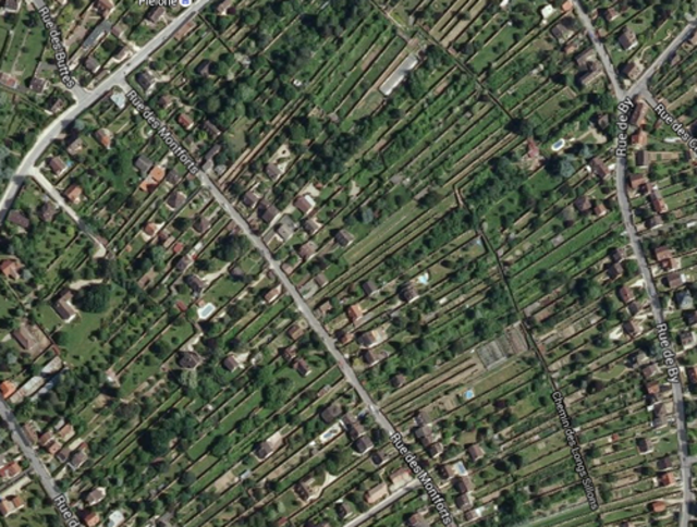 Teil der Stadt Thomery heute, gesehen durch Google Maps. Die alten Obstwände dominieren immer noch die Landschaft. Die Häuser wurden später gebaut.