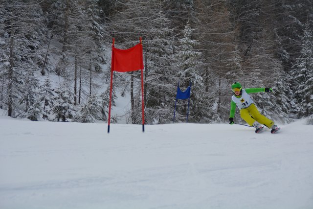 Die Skifahrer rasten in Lackenhof am Ötscher die Piste hinab.