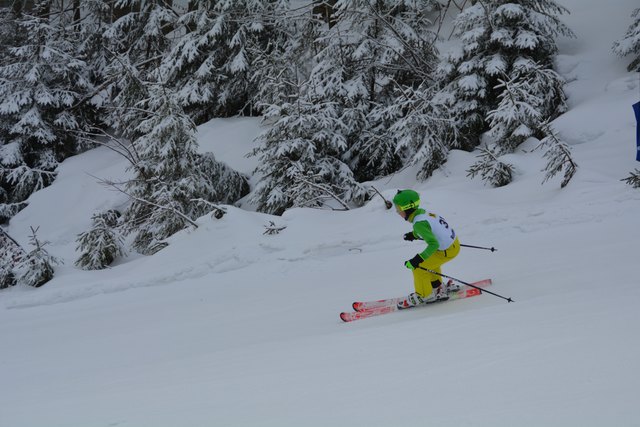 Die Skifahrer rasten in Lackenhof am Ötscher die Piste hinab.