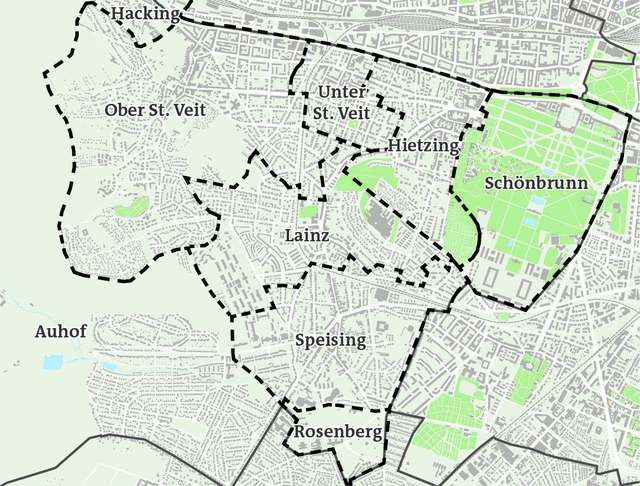 Bei der Grätzelzuordnung nach Katastralgemeinden ist bei der Hietzinger Hauptstraße etwas schief gelaufen. Betroffene können ihre Fragebögen umtauschen. | Foto: APA, Grafik: Zop-Vieh