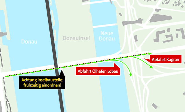 Auf der Praterbrücke wird wieder gebaut. Um die Abfahrten nicht zu verpassen, muss man sich frühzeitig einordnen.