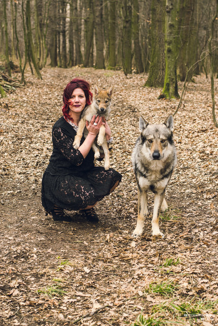 Die Rohrbacher Organisatorin Stefanie Knar mit den beiden "Stars" des Tages, die Wolfshunde Wotan und Welpe Tali.