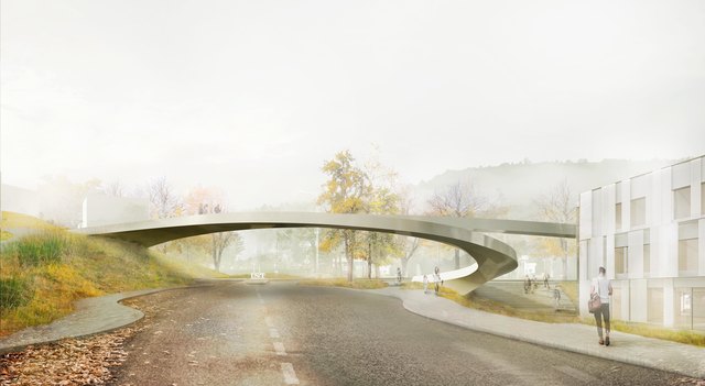 Visualisierung der Fußgängerbrücke in Klosterneuburg über die Bundesstraße 14 vom Architekturbüro RCR Arquitectes. Die Brücke wird den Campus von IST Austria mit dem neuen Technopark in Maria Gugging verbinden. | Foto: RCR Arquitectes