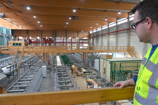 Blick in die 28.000 Quadratmeter große Halle, in der jährlich 124.000 Kubikmeter Brettschichtholz hergestellt werden