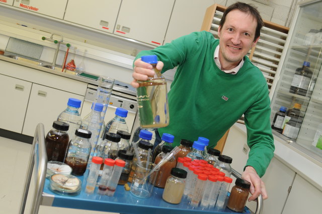 Das bisher ungenutzte Potenzial von Holz, abgefüllt in Flaschen: Thomas Schnabel von der FH Kuchl erforscht den noch unbekannten Mehrwert von Holz. Schnabel ist Wissenschaftlicher Mitarbeiter, Fachbereichsleiter Allgemeine Fachkompetenz Holztechnologie, Holztechnologie & Holzbau
