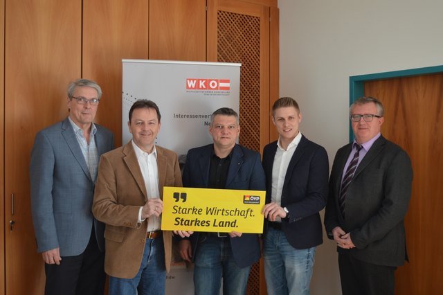 WKO-Vizepräsident Paul Krail, BPO NR Nikolaus Berlakovich, Wirtschaftsbund-Bezirksobmann Herbert Baumrock, LAbg. Patrik Fazekas, WKO-Regionalstellenleiter Freddy Fellinger