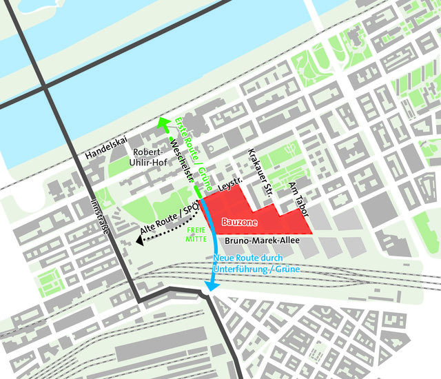 Der Bauverkehr vom Stadtentwicklungsgebiet Nordbahnhof wird doch nicht über die Weschelstraße geführt. | Foto: Grafik: Apa/Knoll