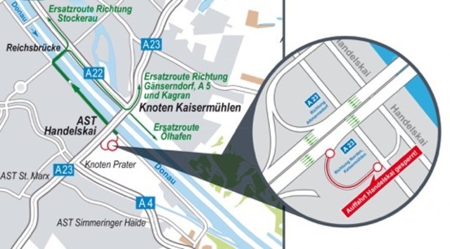 Die ASFINAG saniert die Auffahrt Handelskai bei der Praterbrücke.
