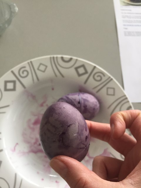 Eier färben mit tiefgekühlten Heidelbeeren - das Ergebnis.