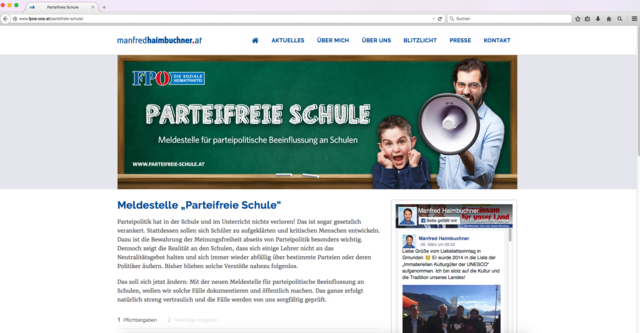 So sieht die Seite der FPÖ für parteifreie Schule aus, mithilfe derer man sich um Objektivität bemüht.