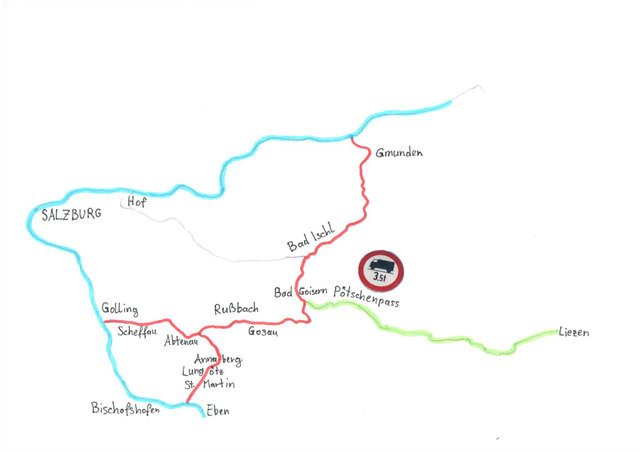 Der Schwerverkehr soll auf die Autobahn (blau); Zunahme auf Bundesstraßen im Salzkammergut und im Lammertal (rot). Vorzeige-Strecke Pötschenpass (grün).