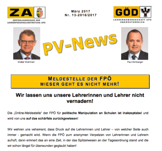 Die Lehrergewerkschaft ist über die FPÖ-Seite nicht erfreut.