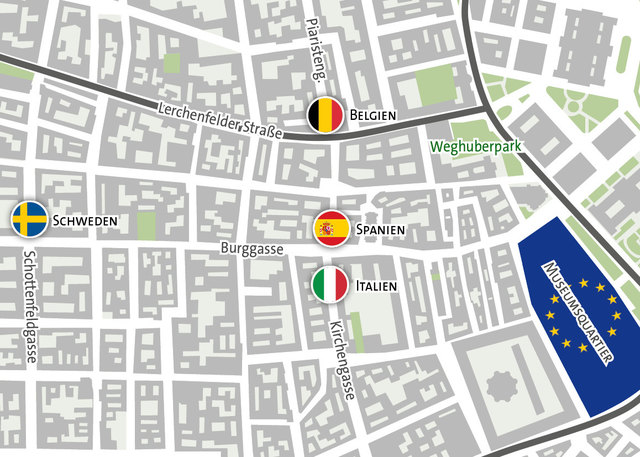 Von der Europa-Zentrale im MuseumsQuartier geht es zu den 15 Länderstationen in der Umgebung.