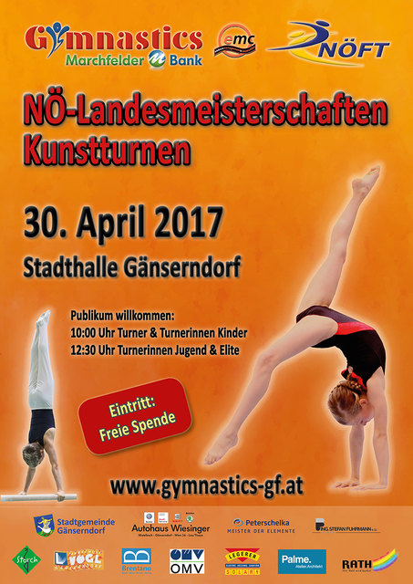 Am 30.4.2017 finden die NÖ Landesmeisterschaften im Kunstturnen in der Stadthalle Gänserndorf statt.