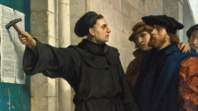 Martin Luther schlägt 1517 die Thesen an die Schlosskirche von Wittenberg – Gemälde von Ferdinand Pauwels, 1872