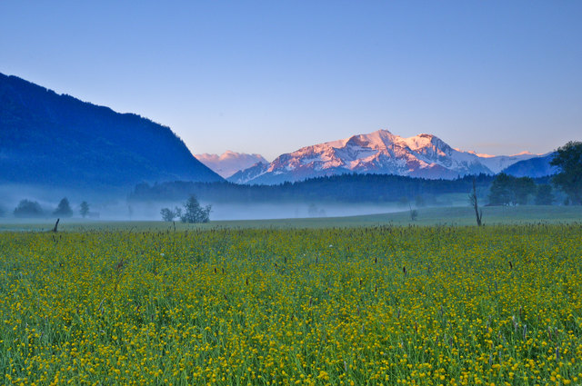 Spricht nicht der Sonnenaufgang von den vielen Möglichkeiten die der Neue Tag birgt? Aufnahme entstand im Ortsteil Haid, Saalfelden. Die Berge: Der Hohe Tenn und der Bauernbrachkopf mit dem vorgelagerten Imbachhorn (Glocknergruppe)