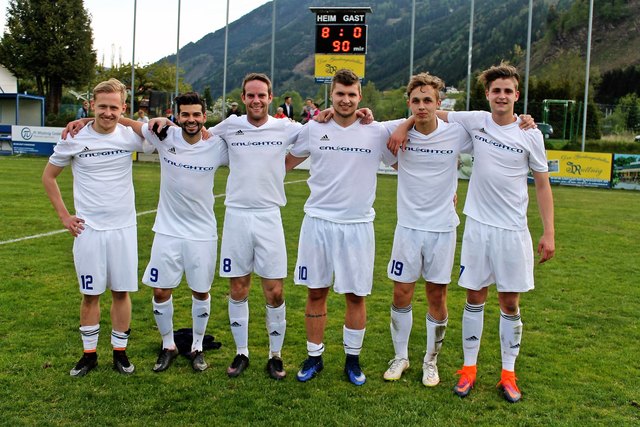 Die Unzmarkter Torschützen beim Kantersieg: Raphael Trattner, Markus Zmugg, Christoph Karner, Michel Deutschmann, Kevin Krenn, Julian Ruttnig (v. l.).