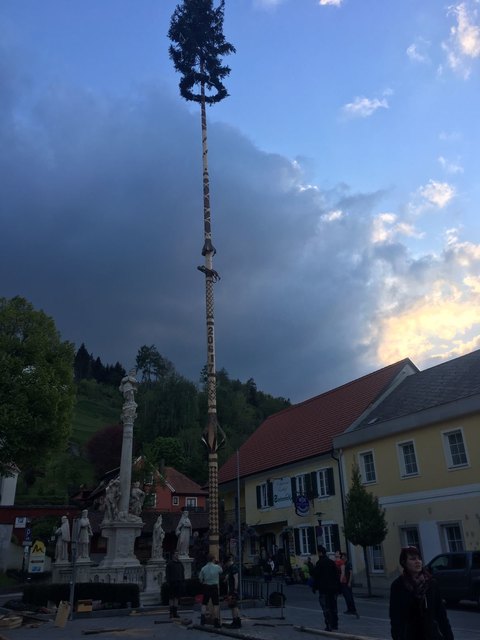 Der stolze Maibaum am Schwanberger Hauptplatz.