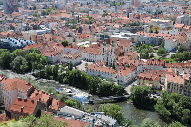 Murinsel, Graz, Foto vom Grazer Schloßberg, Mariahilferkirche, Mariahilferplatz