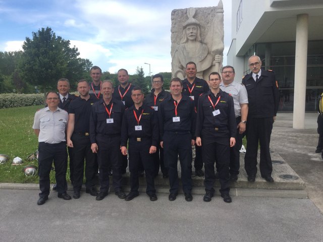 Bewerter und Ausbilder Franz Mürwald, Landesfeuerwehrkommandant Dietmar Fahrafellner, Ausbilder Johannes Müllner, die neuen „Goldenen“ Andreas Haubner,  Wolfgang Rochla, Christoph Müllner, Mario Langgutt, Michaela Leutgeb-Kalvoda, David Müllner, Franz Frieberger und Julian Jeschko,  Bezirkssachbearbeiter und Bewerter Herbert Kössner, und Bezirksfeuerwehrkommandant Erich Dangl bei der Siegerverkündung im NÖ. Landesfeuerwehrkommando in Tulln. | Foto: privat