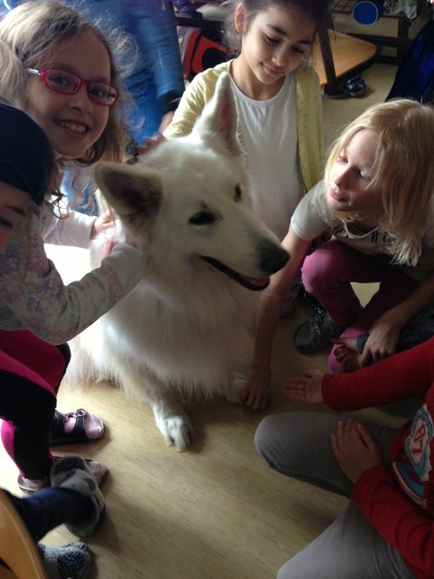 Esra, Nisa und Annika mit Blindenführhund Sly