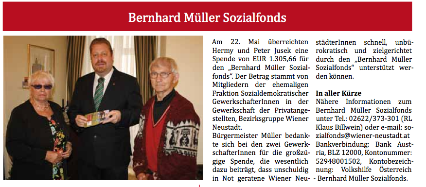 Hermy und Peter Jusek mit dem damaligen Bürgermeister Bernhard Müller bei einer Spendenaktion.