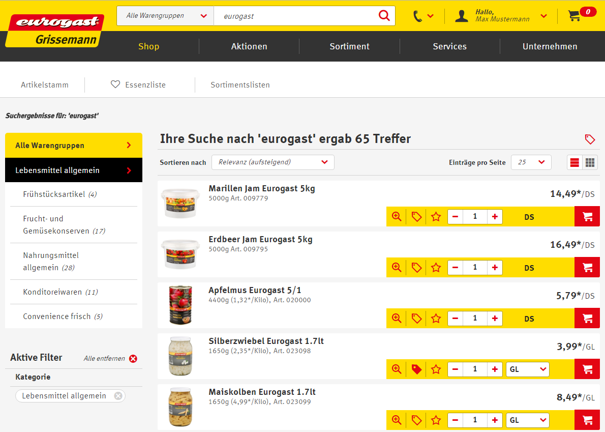 Der neue Webshop - Suchergebnisse