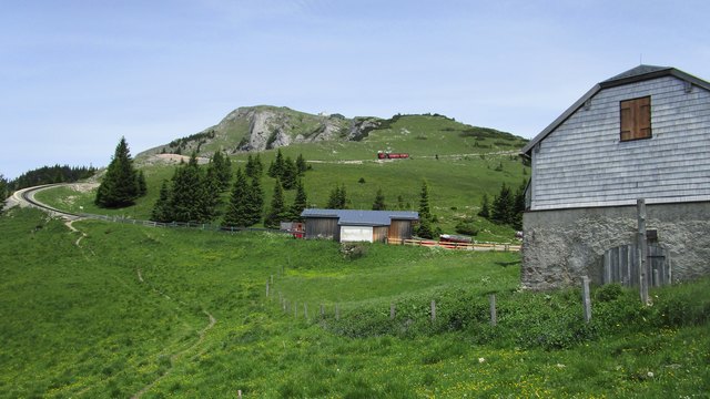 Blick zur Mittelstation der Zahnradbahn auf der Schafbergalm (1364m) und zur Schafbergspitze