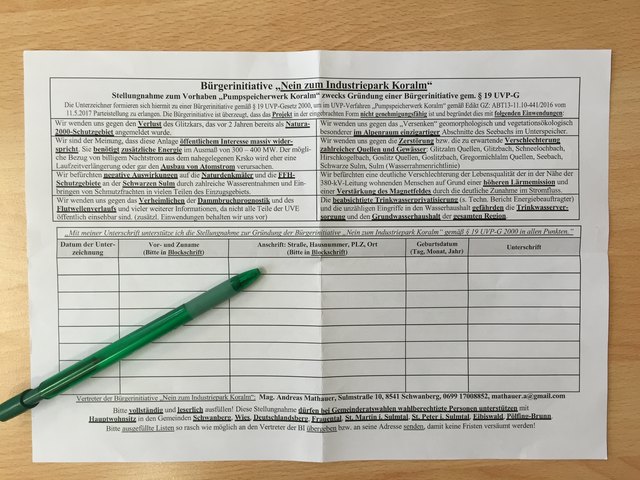 Diese Unterschriftenlisten liegen derzeit in acht Gemeinden auf. Noch bis 16. Juni kann man dort unterschreiben und damit der Bürgerinitiative "Nein zum Industriepark Koralm" zu Parteistatus verhelfen.