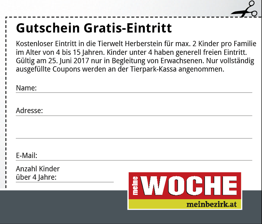 Kupon ausdrucken, ausfüllen und an der Tierwelt-Kassa abgeben.