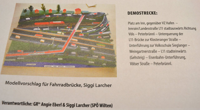 Die Demo-Strecke und der Modellvorschlag für die Fahhradbrücke zur gefahr- und barrierelosen Anbindung der Stadtteile Mentlberg und Sieglanger von Siggi Larcher