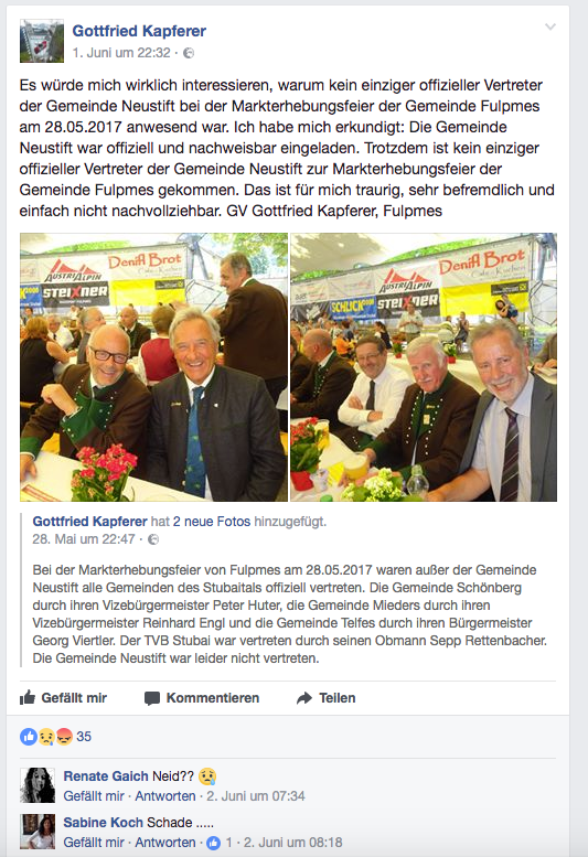 Im FB-Posting ließ man dem Unmut Raum.