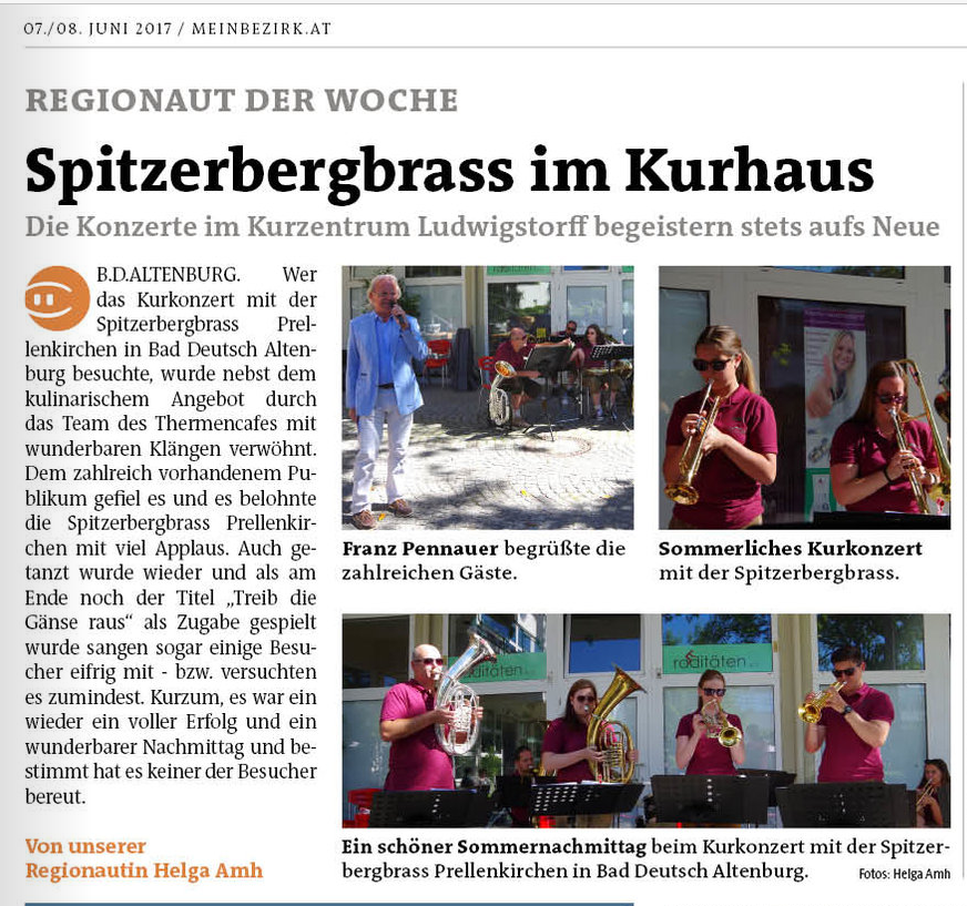 habe mich ganz toll gefreut über den veröffentlichen Beitrag vom Kurkonzert mit der Spitzerbergbrass