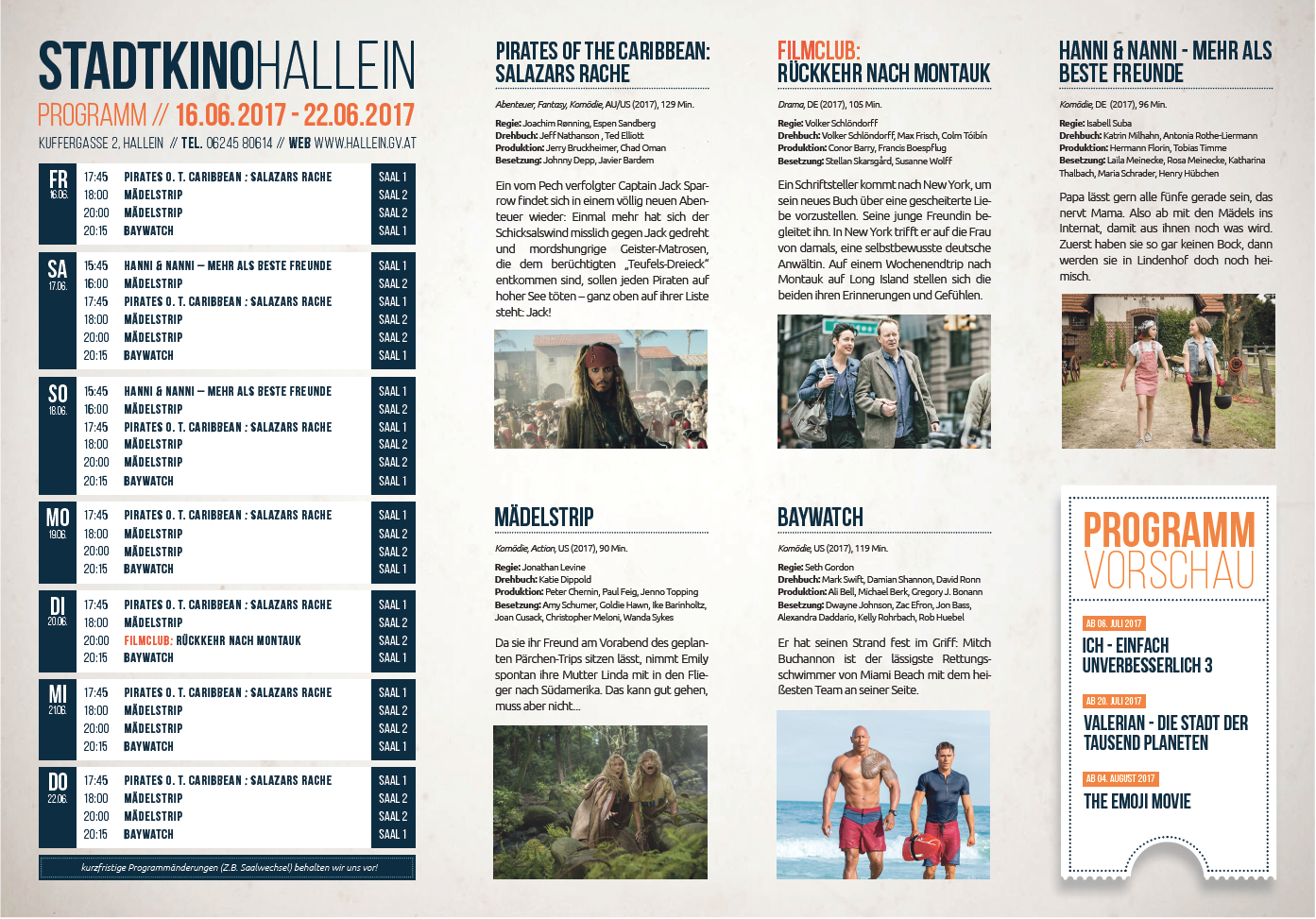 STADTKINO HALLEIN PROGRAMM 16. 6. - 22. 6. 2017