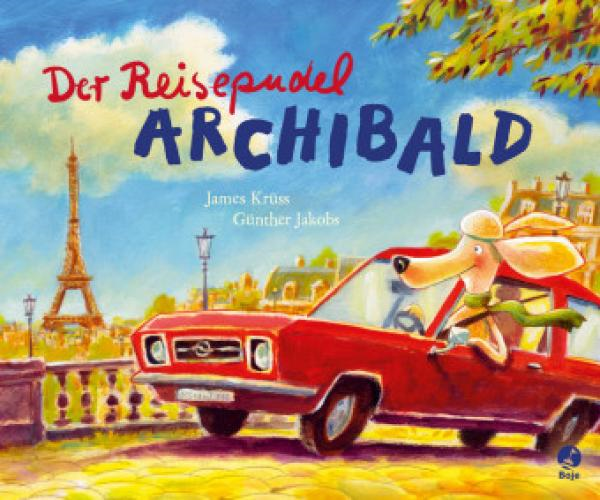 Im roten Opel führt der Reisepudel durch die Länder Europas.