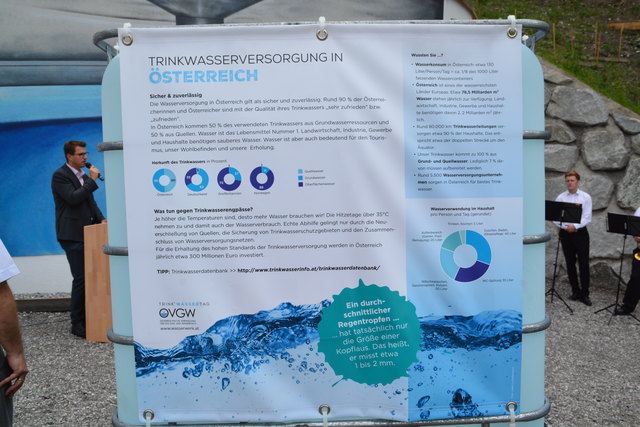 Bgm. Härting bei der Ansprache. 1 m³ Wasser um 1 € stellt der Behälter (vorne) dar. Der neue Hochbehälter, eingeweiht von Dekan Scheiring, fasst 1500 solcher Behälter.