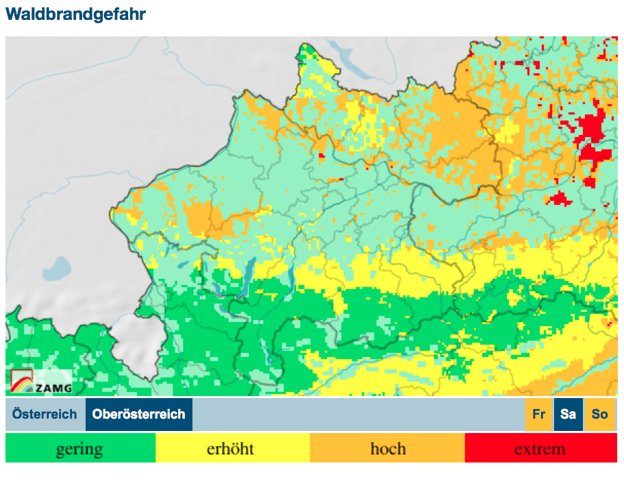 Waldbrandgefahr für Samstag, 24. Juni, Einschätzung von ZAMG vom 23. Juni. Rot=extrem, Orange=hoch, Gelb=erhöht, Grün=gering