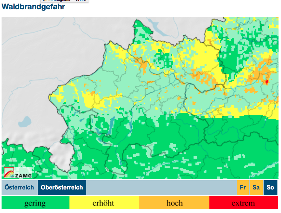 Waldbrandgefahr für Sonntag, 25. Juni, Einschätzung von ZAMG vom 23. Juni. Rot=extrem, Orange=hoch, Gelb=erhöht, Grün=gering