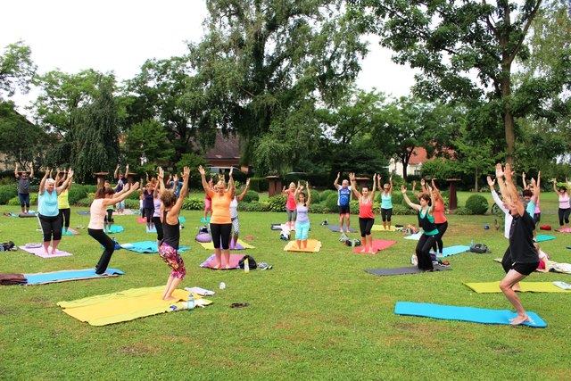 Birgit Fruhmann motivierte 50 Teilnehmer zum gemeinsamen Yoga im Park von Fernitz-Mellach. | Foto: KK