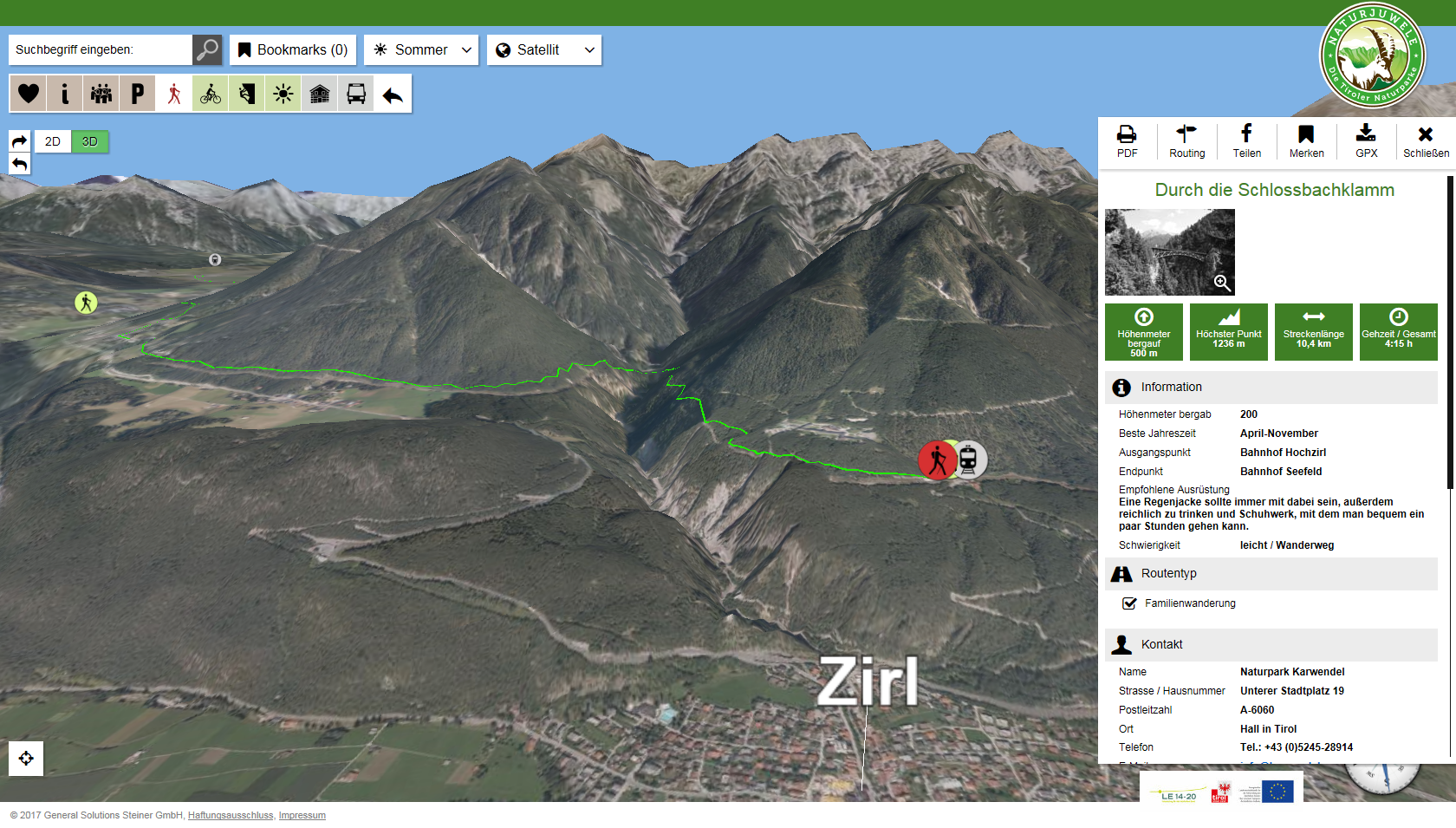 Beispiel: 3D-Ausschnitt der Wanderung durch die Schlossbachklamm mit An- und Abreise mit Öffis.