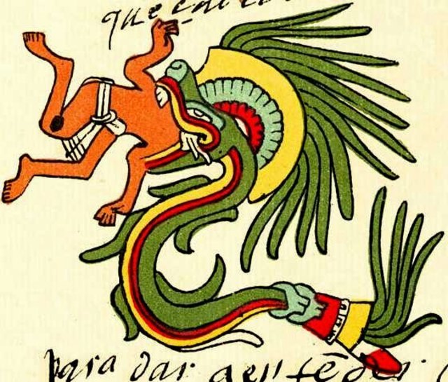 Quetzalcoatl,gefiederte Schlange im Codex Telleriano-Remensis | Foto: Von Unbekannt - http://www.tumblr.com/tagged/coatl?language=de_DE, Gemeinfrei, https://commons.wikimedia.org/w/index.php?curid=1831389