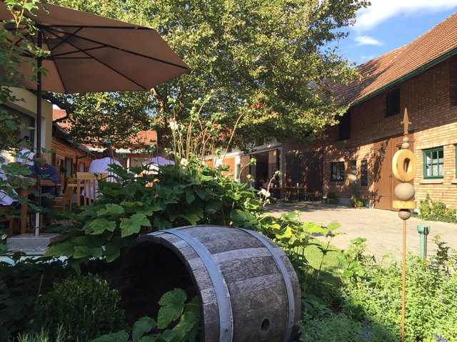 Unter der Sonne Carnuntums und Schatten spendender Bäume: Der großzügig Gastgarten am Weingut Gottschuly-Grassl in Höflein.